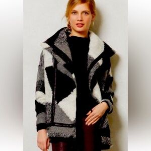 Plenty By Tracy Reese Wool Cozy Coat Knit Wool Blend Coat Black & White Size L